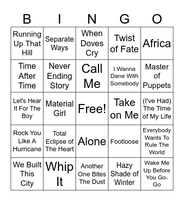 80s Music Bingo Card