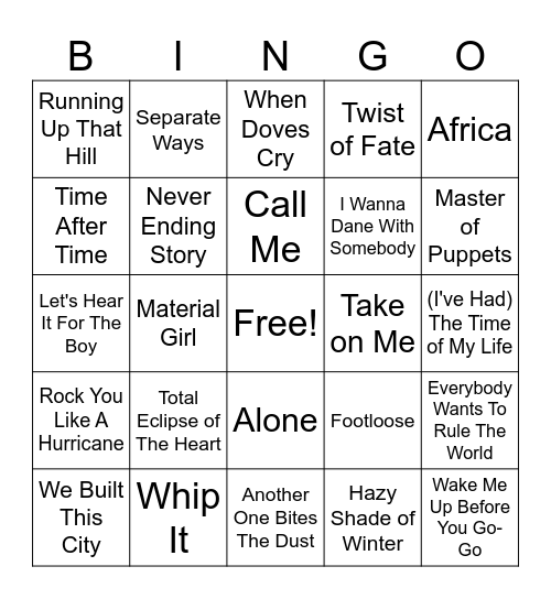 80s Music Bingo Card