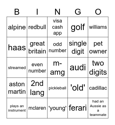 f1 bingo Card