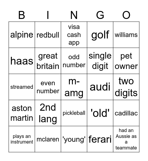 f1 bingo Card