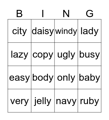 Letter y sounds Bingo Card