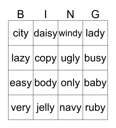 Letter y sounds Bingo Card