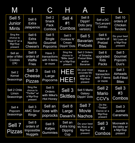 Concessions "Michael" Contest Bingo Card