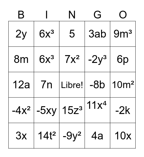 BINGO DE MONOMIOS Bingo Card