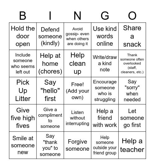 KINDNESS Bingo Card