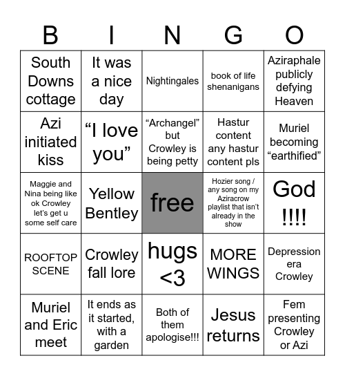 Good Omens Season 3 Bingo Card