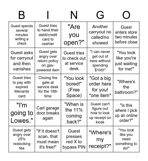 Menards: Front End Bingo Card