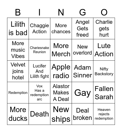Hazbin Bingo Card