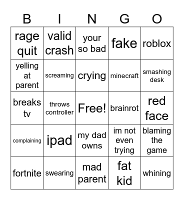 kid crashout Bingo Card