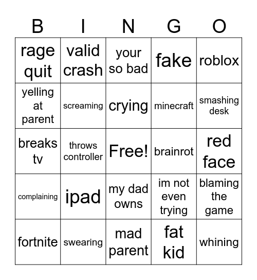 kid crashout Bingo Card