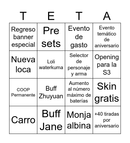 ZENLESS 3.0 Bingo Card
