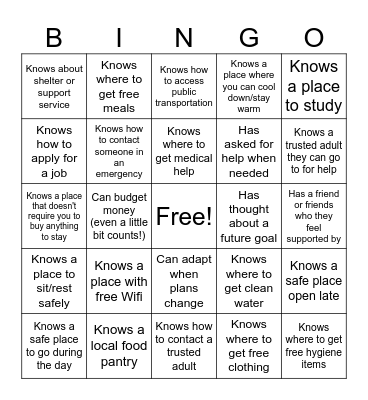 Housing Insecurity Resources for Adolescents Bingo Card