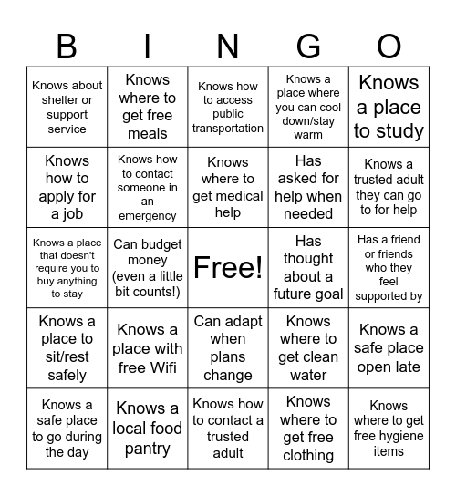 Housing Insecurity Resources for Adolescents Bingo Card