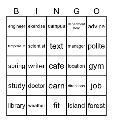 Vocabulary Bingo Card