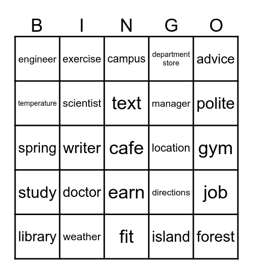 Vocabulary Bingo Card