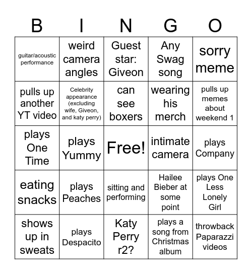 cursed Bieberchella performance weekend 2 Bingo Card