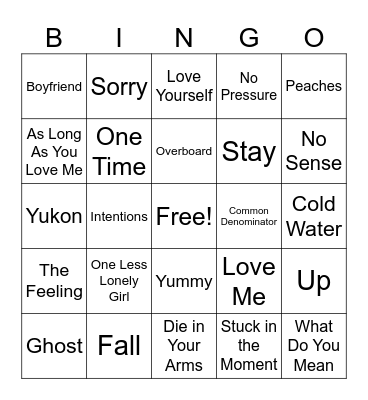 BieberChella Bingo Card