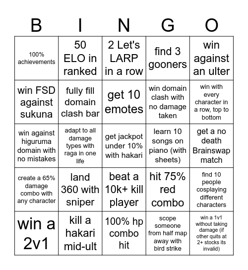 jjs bingo hard mode Bingo Card