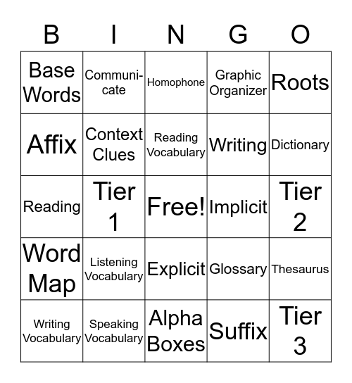 Vocabulary Buzz Word Bingo Card