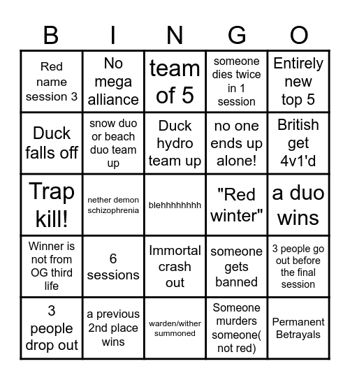 3r life Bingo Card