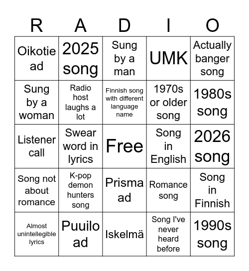 Radio Bingo Card