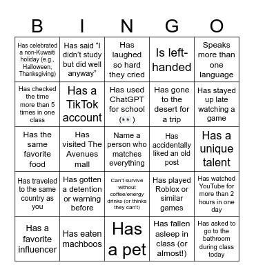 School Bingo Card