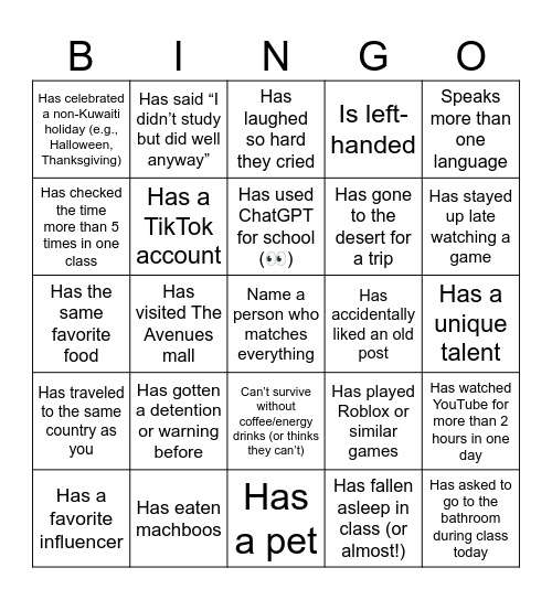 School Bingo Card