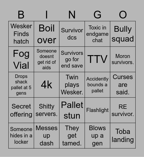 Wesker DBD Bingo Card