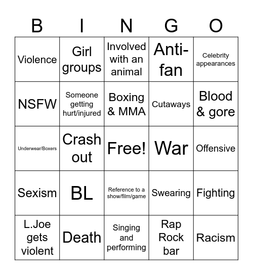 Idol House Bingo Card