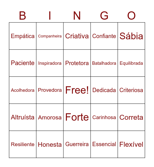 Qualidades de Uma Mãe Bingo Card