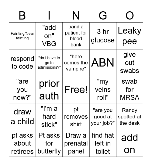 Phlebotomy Bingo Card