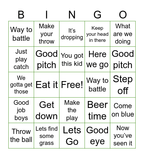 Baseball Dad Sayings Bingo Card