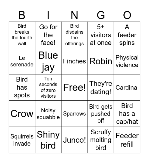 Bird Cam Bingo Card