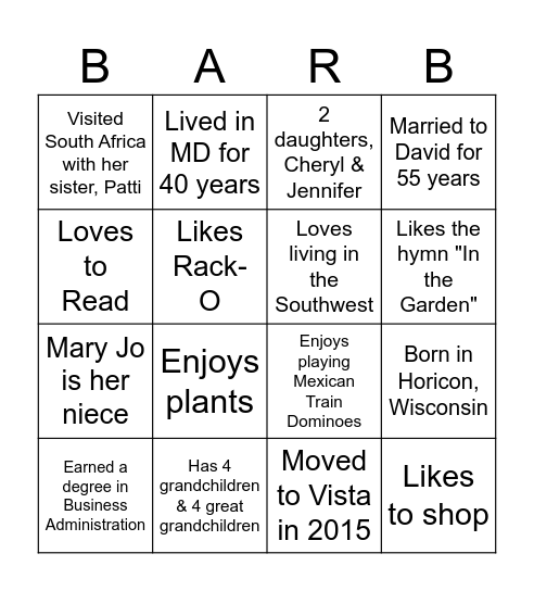 Barb's Bingo Card