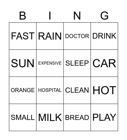 A2 wordlist bingo Card