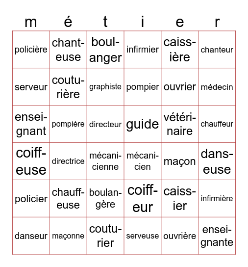 les métiers Bingo Card