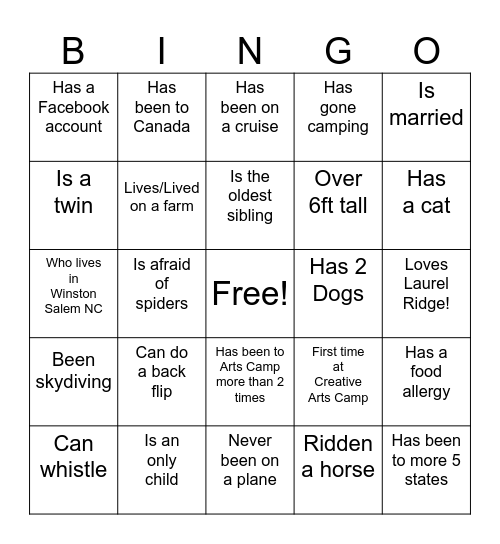 Get To Know Each Other! Bingo Card