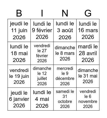 La date Bingo Card