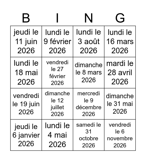 La date Bingo Card