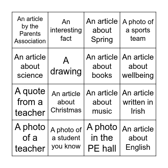School Magazine Bingo Card