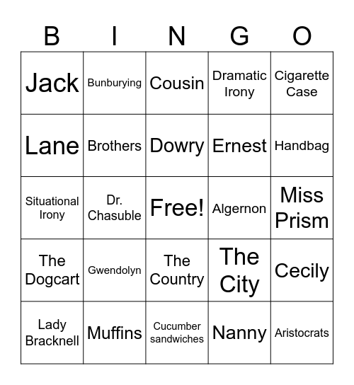 The Importance of Being Earnest Bingo Card