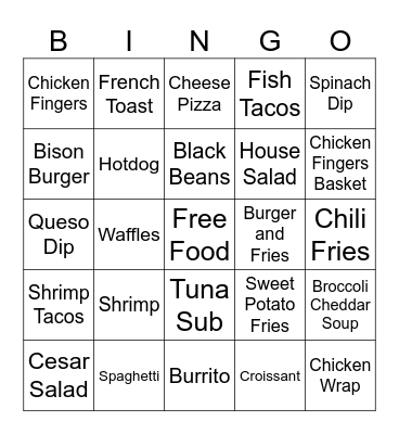 Restaurant Food Bingo Card