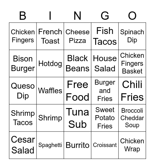 Restaurant Food Bingo Card