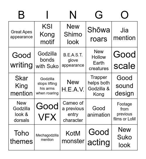 Godzilla x Kong: Supernova Bingo Card