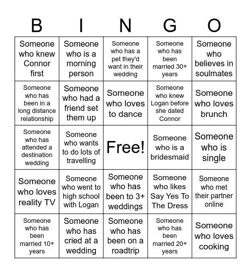 Logan's Bridal Bingo Card