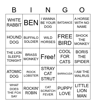 Animal Songs Bingo Card