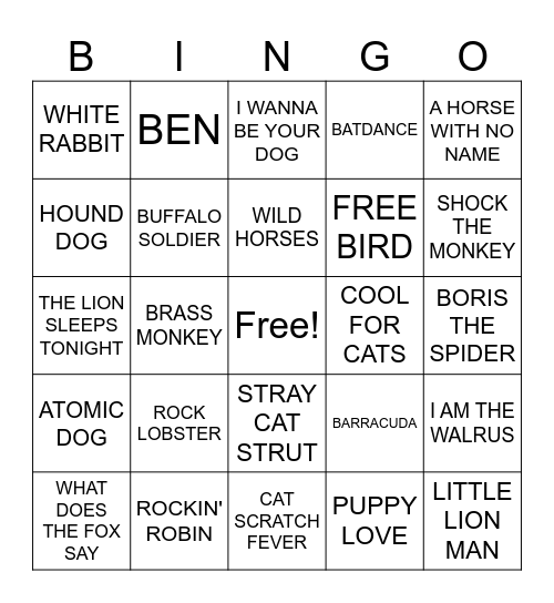 Animal Songs Bingo Card