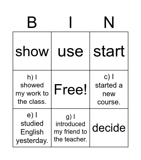 REGULAR VERBS Bingo Card
