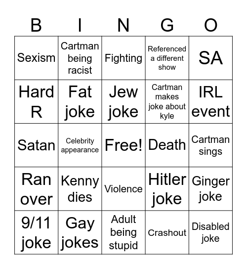 South Park bingo Card