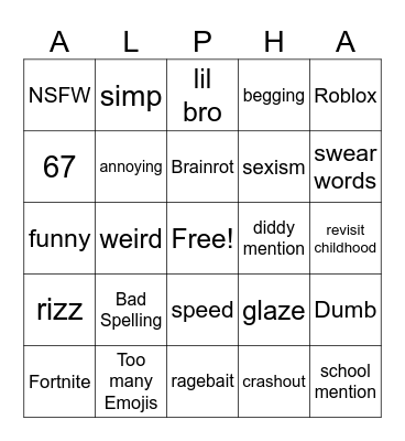 GEN ALPHA Bingo Card